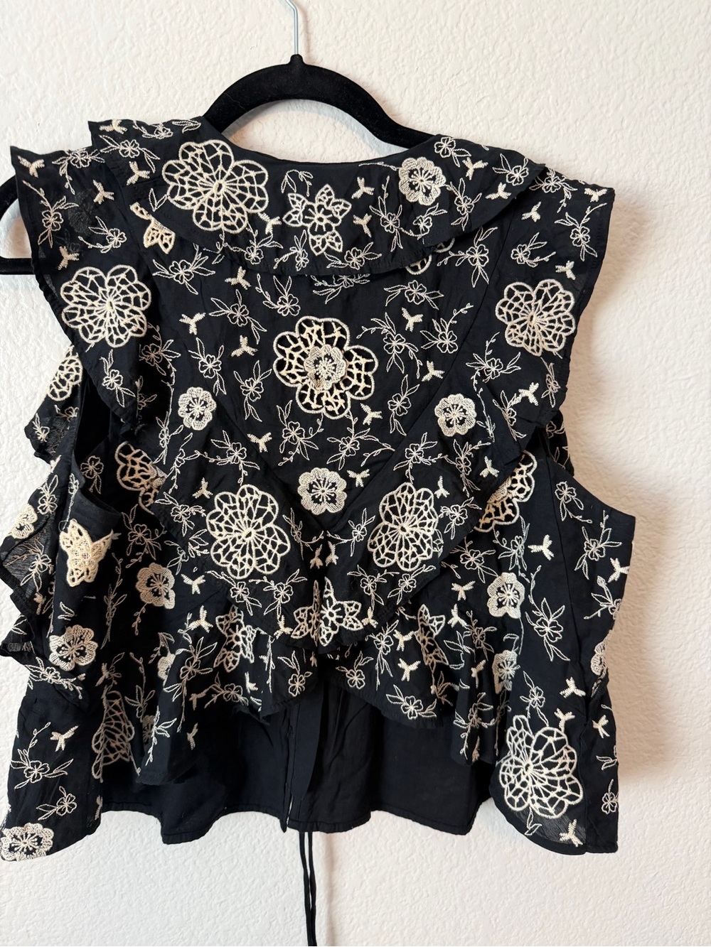 Anthropologie Black Embroidered Ruffle Tie-Front Top - Picture 5 of 7